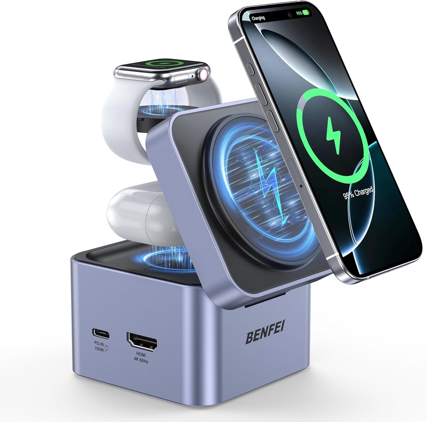 BENFEI 3-in-1 Foldable for MagSafe Charger Stand with USB C Hub, Wireless Charging Station for iPhone 16/15/14/13/12, Apple Watch & AirPods, Supporting HDMI (4K@60Hz), 100W PD, 2X USB 3.0 (5Gbps)