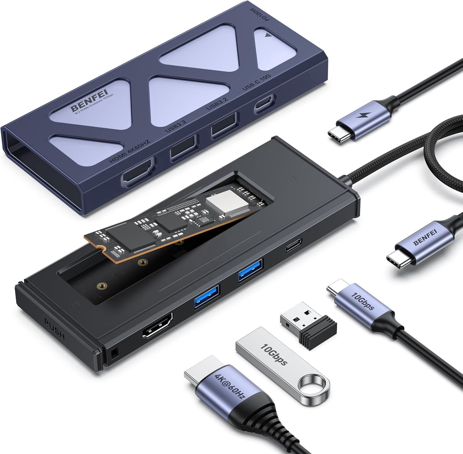 BENFEI 6-in-1 USB C Hub with M.2 NVMe SSD Enclosure, 10Gbps USB 3.2 Ports (2×USB-A + 1×USB-C), 100W PD, 4K@60HZ HDMI–Compatible with MacBook Pro/Air, iPad Pro, Dell XPS, Surface Pro