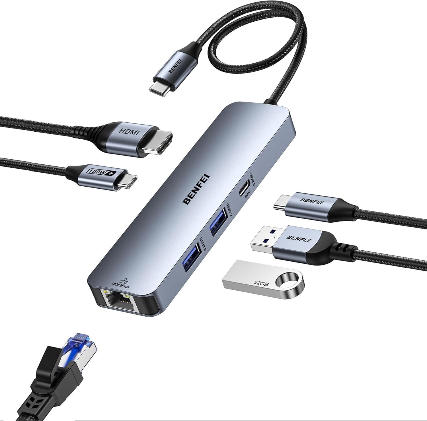 BENFEI 6-in-1 USB C Hub with HDMI(4K@60Hz), 2 USB-A, 1 USB-C Data, 100W Charge, Gigabit Ethernet