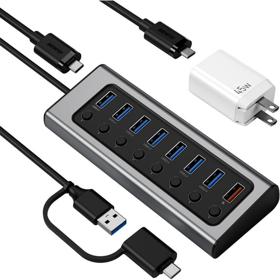 BENFEI 7-Port USB 3.0 Data Hub with BC 1.2 Charging Port, 45W GaN Super Fast Charger Dual Type C