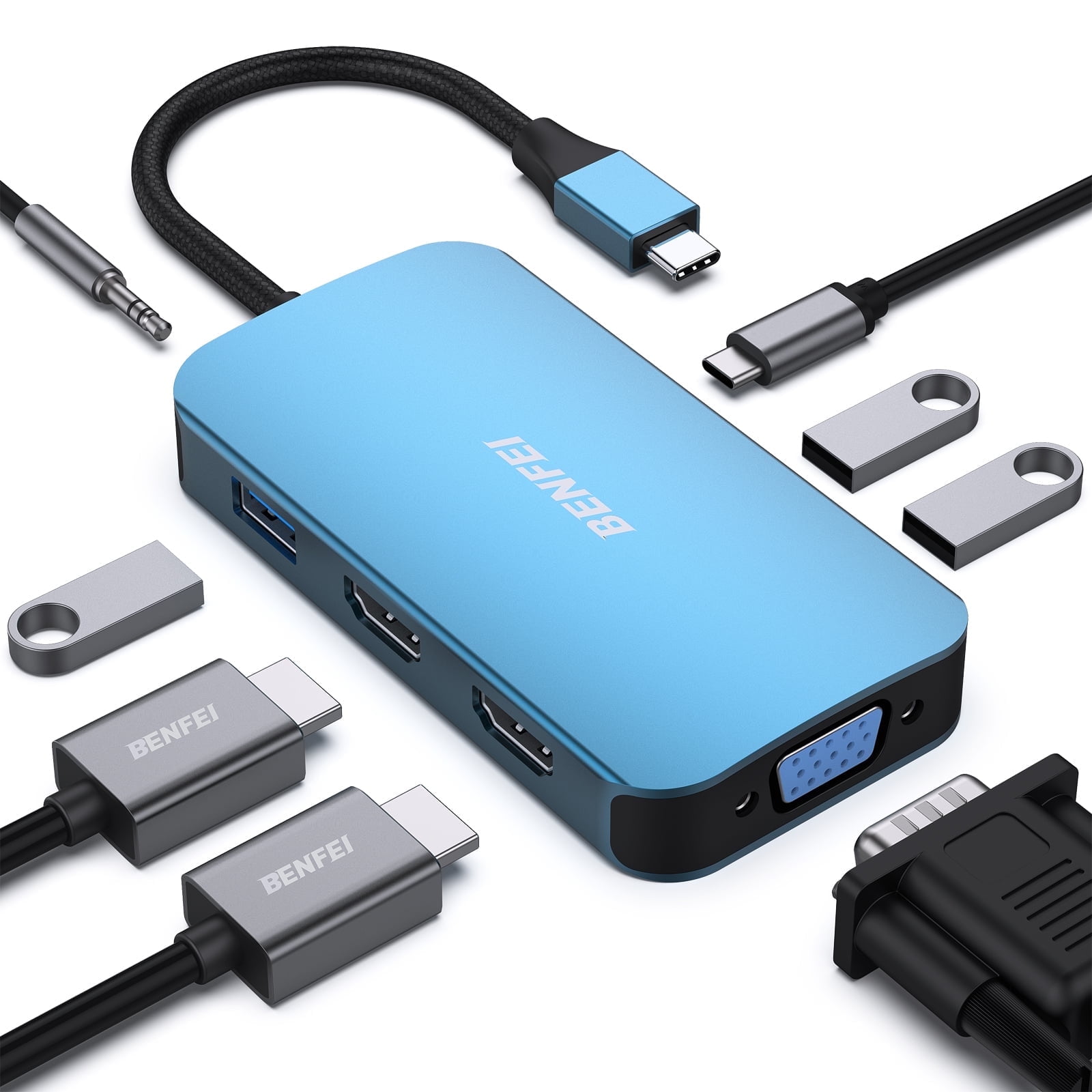 BENFEI USB C Docking Station, 8-in-1 USB C Hub with Triple Display Dual HDMI, VGA, 3*USB 3.0, 100W Power Delivery, 3.5mm AUX Audio Compatible with MacBook Pro, XPS and More