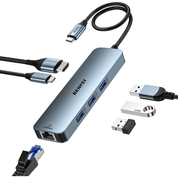 BENFEI USB C HUB 6-in-1 with HDMI(4K@60Hz), Gigabit Ethernet, 100W Power Delivery, 3*USB 3.0