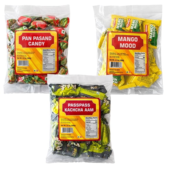 BENGAL BOX Indian Assorted Candy Pack - Individually Wrapped Indian Candy Assortment (Ravalgaon Pan Pasand, Mango Mood, PassPass Pulse Each 100g - 3 Packs) Total 300g