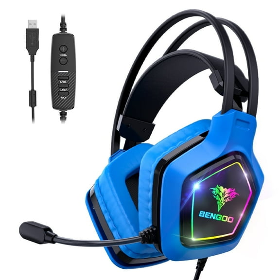 BENGOO USB Pro Gaming Headset for PC PS4, 7.1 Surround Sound Gaming Headphones with Noise Cancelling Mic, in-Line Volume/Mic/EQ Control, Soft Memory Earmuffs RGB Lights for Laptop Mac Nintendo 64