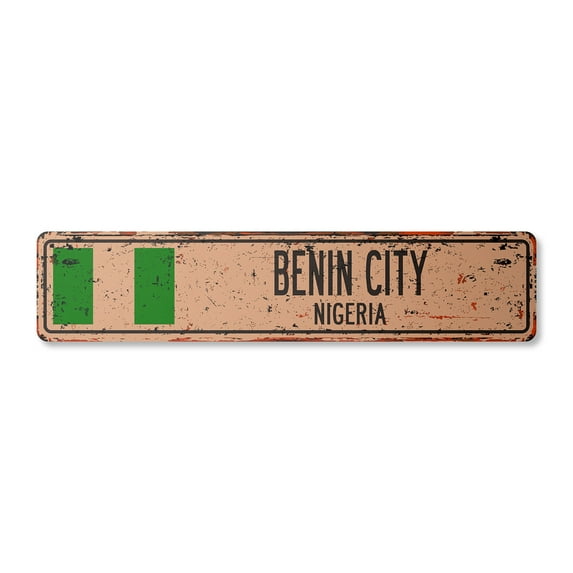 BENIN CITY NIGERIA Vintage Aluminum Street Sign Nigerian flag city country road rustic metal tin wall gift | Indoor/Outdoor | 18" Wide