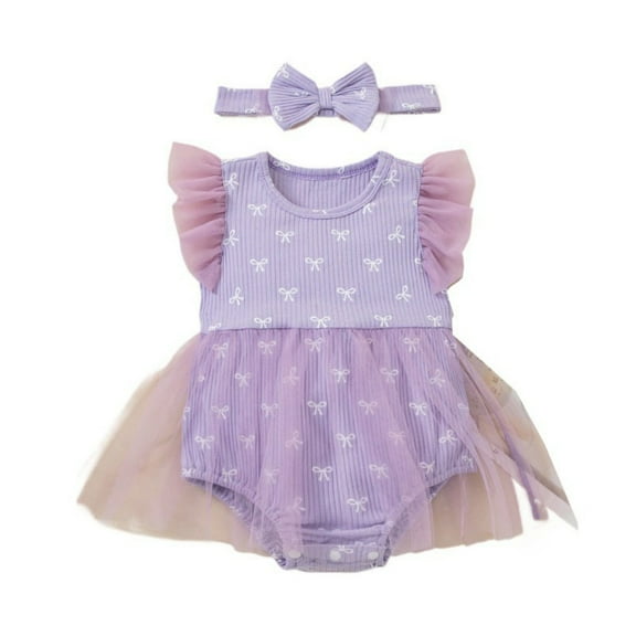 BENJAMJAM 0-2Y Mesh Puffy Skirt Cartoon Print Cap-Sleeve Onesie with Hair Accessories Set