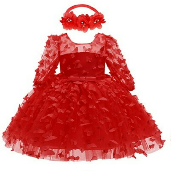 BENJAMJAM 0-2Y Pink Butterfly Princess Dress Floral Headband Long Sleeve  Gown  Birthday Party Pageant & Flower Outfits
