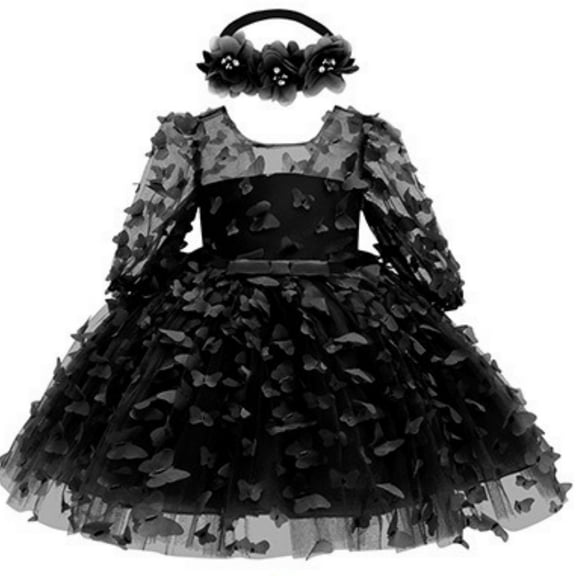 BENJAMJAM 0-2Y Pink Butterfly Princess Dress Floral Headband Long Sleeve  Gown  Birthday Party Pageant & Flower Outfits