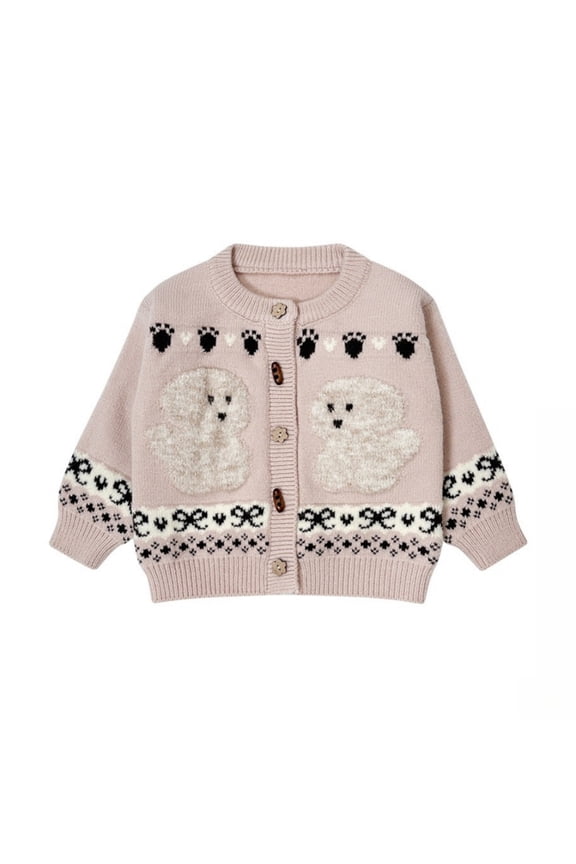 1-3Y Pink Knitted Cardigan with Cute Bear & Paw Prints, Soft Warm Ideal for Casual Wear Playdates  Daily Outings.