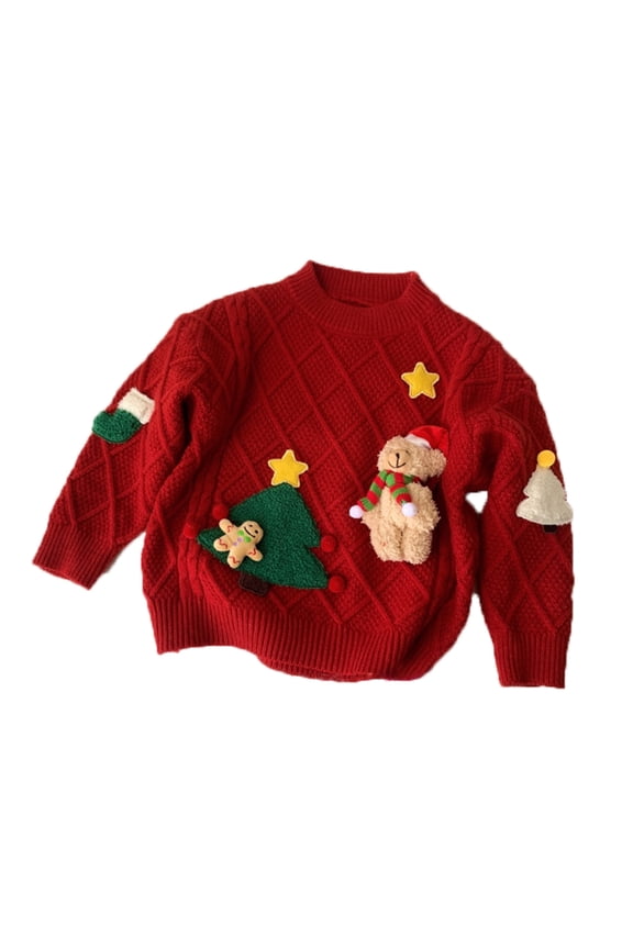 1-8Y Red Knit Sweater with 3D Bear, Tree & Gingerbread Man Appliqués - Festive Pullover