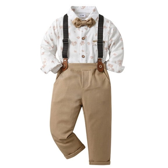 BENJAMJAM 1-9Y BENJAMJAM 1-9Y Gentleman Floral Shirt Suspender Pants & Bow Tie 2-Piece Set - Formal Outfit