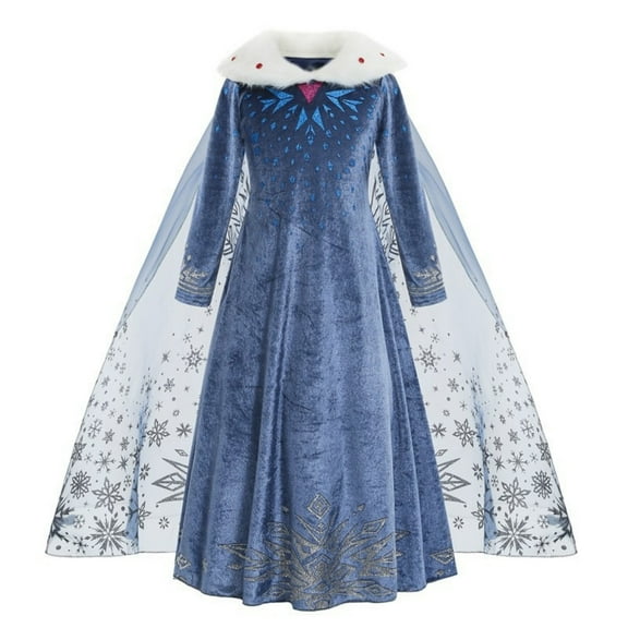 BENJAMJAM 2-10Y Elsa Blue Velvet Dress with Snowflake Cape & Faux Fur Collar - Princess Costume