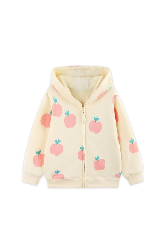 2T-7T Beige Hooded Zip-Up Jacket with Pink Apple Print, Soft Long-Sleeve Outerwear for Casual Wear