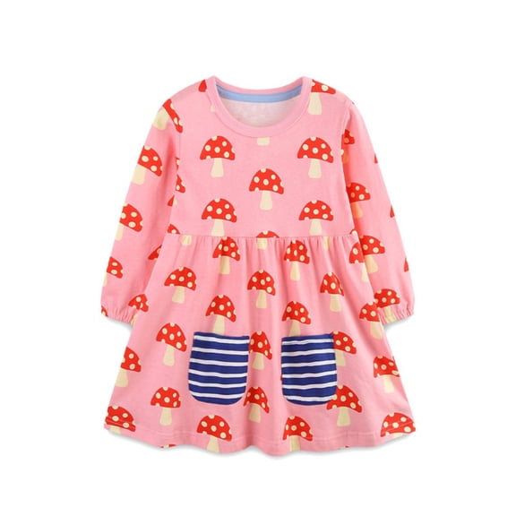 BENJAMJAM 2T-7T Pink Mushroom Print Long-Sleeve Dress with Striped Pockets, Casual Play Dress
