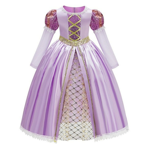 BENJAMJAM 3-10Y Party Festival Princess Dress - Lavender Sequin Puff Sleeve Costume with Gold Accents & Lace Trim