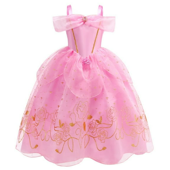 BENJAMJAM 3-11Y Pink Princess Dress with Gold Embroidery & Lace Trim, Ideal for Cosplay, Birthday Party & Fairy Tale Themed Occasion
