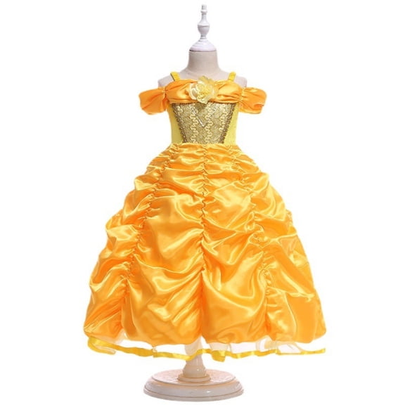 BENJAMJAM 4-11Y Yellow Satin Off-Shoulder Princess Dress Gown with Gold Accents Ideal for Cosplay, Birthday Party & Fairy Tale Occasions