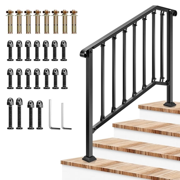 BENJM 1-4 Step Wrought Iron Handrail Stair Railing, Adjustable Height Safety Staircase Handrail, 2 Pack Set