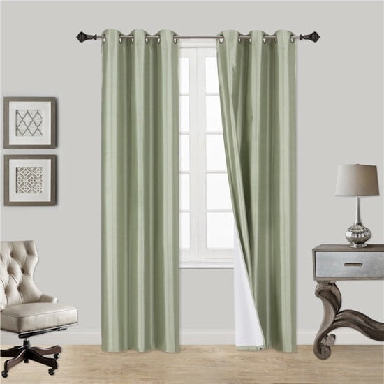 BENJM 4 Piece Faux Silk Window Blackout Curtain Solid Pattern with Bronze Antique Grommet Energy Efficient Adam Size  84" Long (SAGE GREEN)