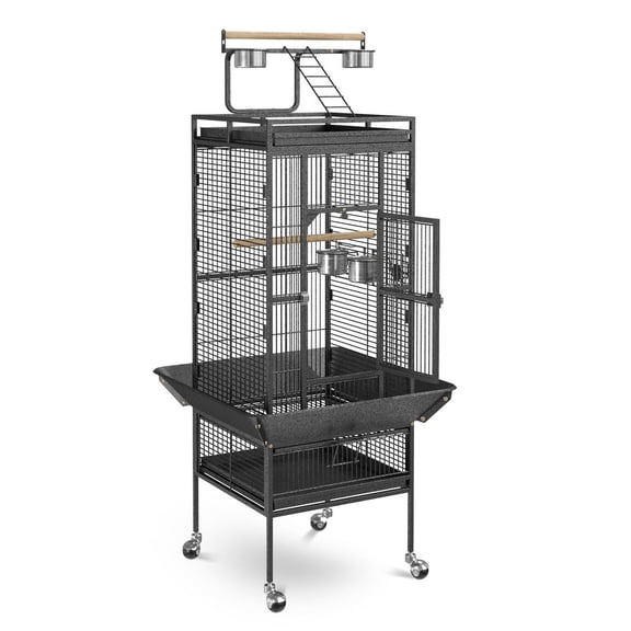 BENJM 61" Wrought Iron Rolling Parrot Bird Cage Black, Large Play Top Finch Cage, Pet Bird House with Stand