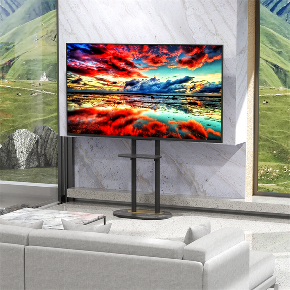 BENJM Black Floor TV Stand with Shelf for 45-75 inch Flat LCD LED Screen TVs,Sintered Stone TV Stands Height Adjustable Heavy Base Standing TV Mount VESA 600x400 for Restroom Meeting Bedroom