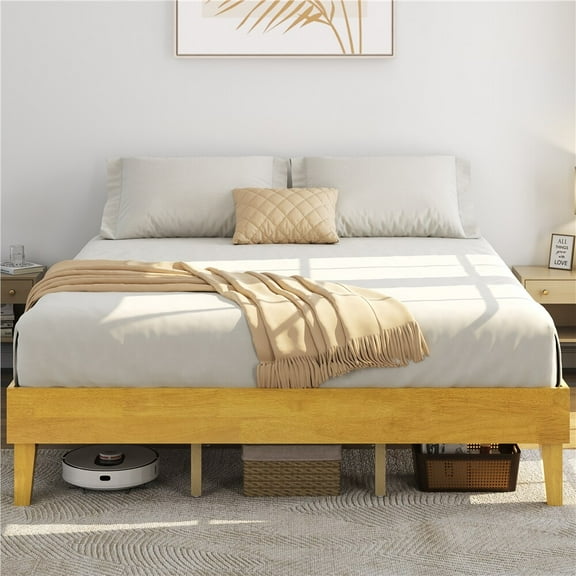 BENJM King Bed Frame Natural Solid Wood Platform Bed with Wooden Slats Support, 12-inch Underbed Space for Storage, Noise-Free Design, Easy Assembly, Natural Wood Finish