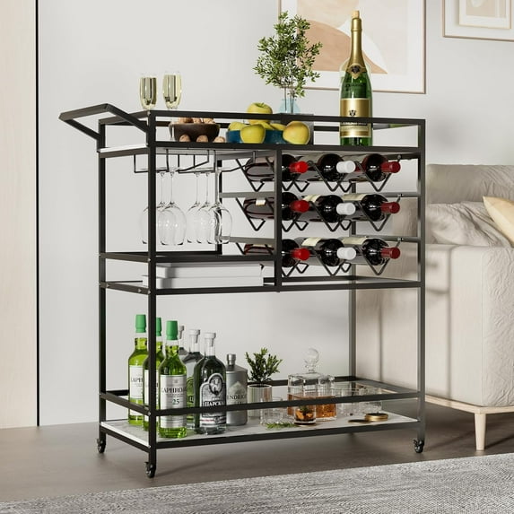 WHIFEA 3-Tier Home Bar Cart with Wine Rack, Mobile Serving Wine Cart on Wheels, Modern Rolling Drink Trolley for Coffee Tea Wine, Beverage Bar Table for Home Kitchen Party, Black