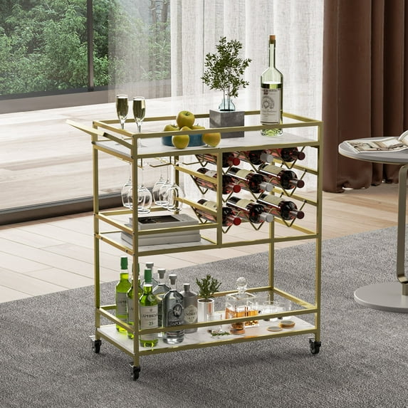 WHIFEA 3-Tier Home Bar Cart with Wine Rack, Mobile Serving Wine Cart on Wheels, Modern Rolling Drink Trolley for Coffee Tea Wine, Beverage Bar Table for Home Kitchen Party, Black