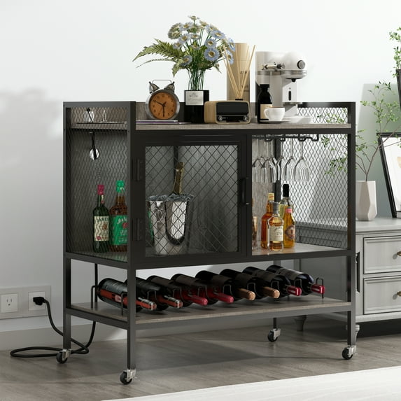 BENOSS 3-Tier Wine Bar Cabinet Trolley with Cup Holders Wine Racks and Ventilated Storage, Wide Mobile Bar Cabinet on Wheels for Home Kitchen Gatherings Vintage Farmhouse Trolley, Grey