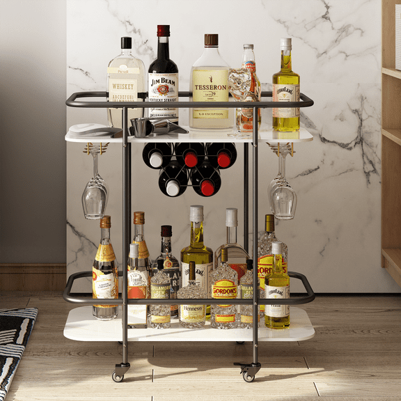 Laitimia Rolling Bar Cart with Lockable Wheels – Home Bar Serving Cart for Kitchen, Dining Room, or Party Use, Sleek and Functional Serving Trolley with Storage, Black