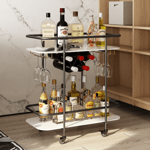 WHIFEA Rolling Bar Cart with Lockable Wheels – Home Bar Serving Cart for Kitchen, Dining Room, or Party Use, Sleek and Functional Serving Trolley with Storage, Black