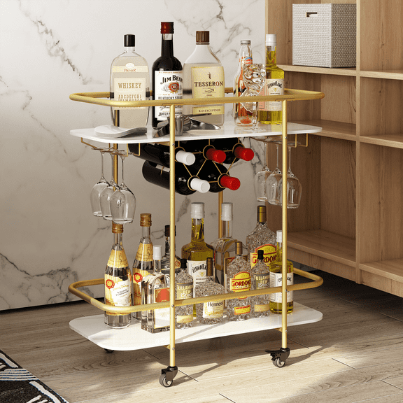 WHIFEA Rolling Bar Cart with Lockable Wheels – Home Bar Serving Cart for Kitchen, Dining Room, or Party Use, Sleek and Functional Serving Trolley with Storage, Golden