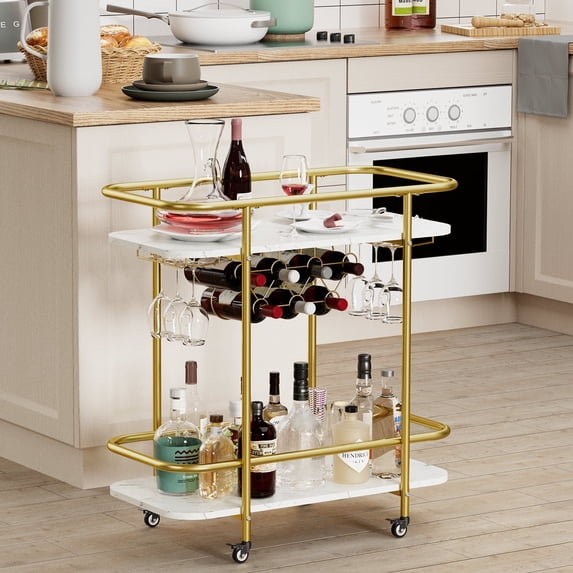 WHIFEA Wine Bar Cart, Small Rolling Serving Cart with Wine Rack and Glass Holders for Home Kitchen, Metal-Gold