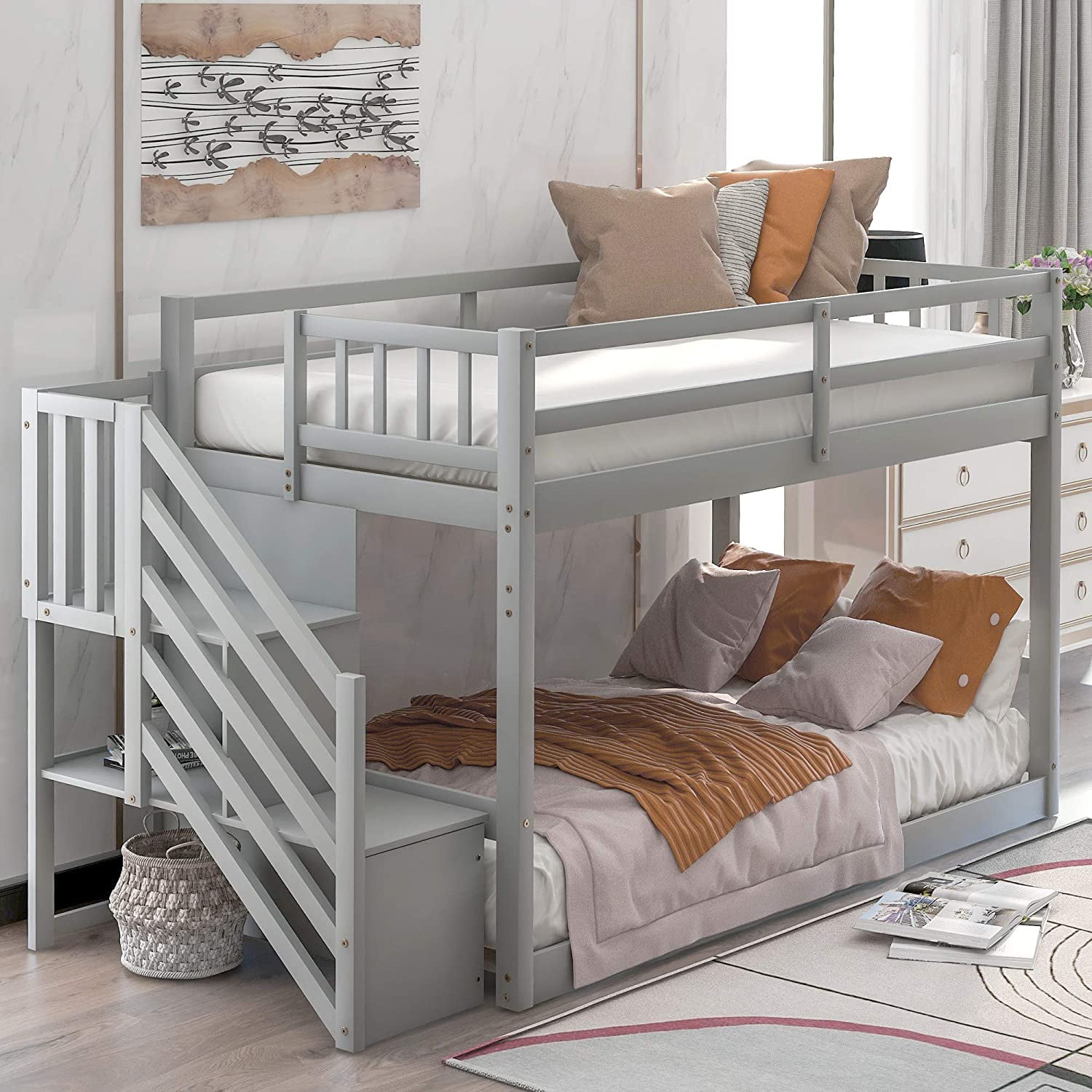 BENSHI Twin Over Twin Floor Bunk Bed with Storage Stairs, Wood Stairway