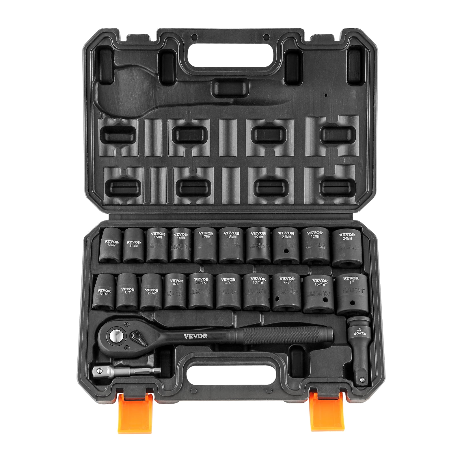 BENTISM 1/2" Drive Impact Socket Set, 23 PCS Standard SAE (7/16" -1") & Metric (13-24 mm) Sizes, Deep & Shallow Kit, 6 Point Cr-V Alloy Steel Includes Adapters & Ratchet Handle & Storage Case