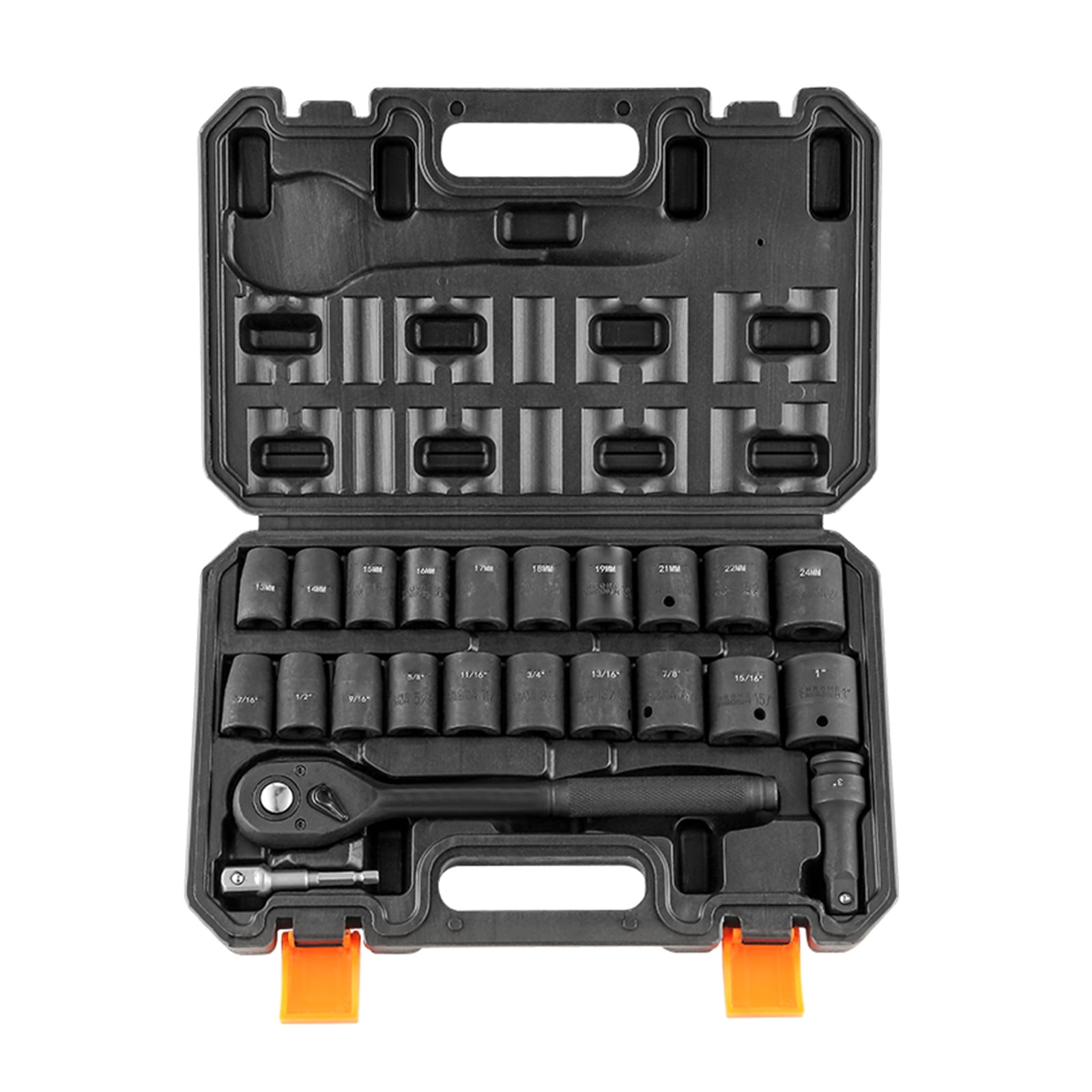 BENTISM 1/2" Drive Impact Socket Set, 23 PCS Standard SAE (7/16" -1") & Metric (13-24 mm) Sizes, Deep & Shallow Kit, 6 Point Cr-V Alloy Steel Includes Adapters & Ratchet Handle & Storage Case