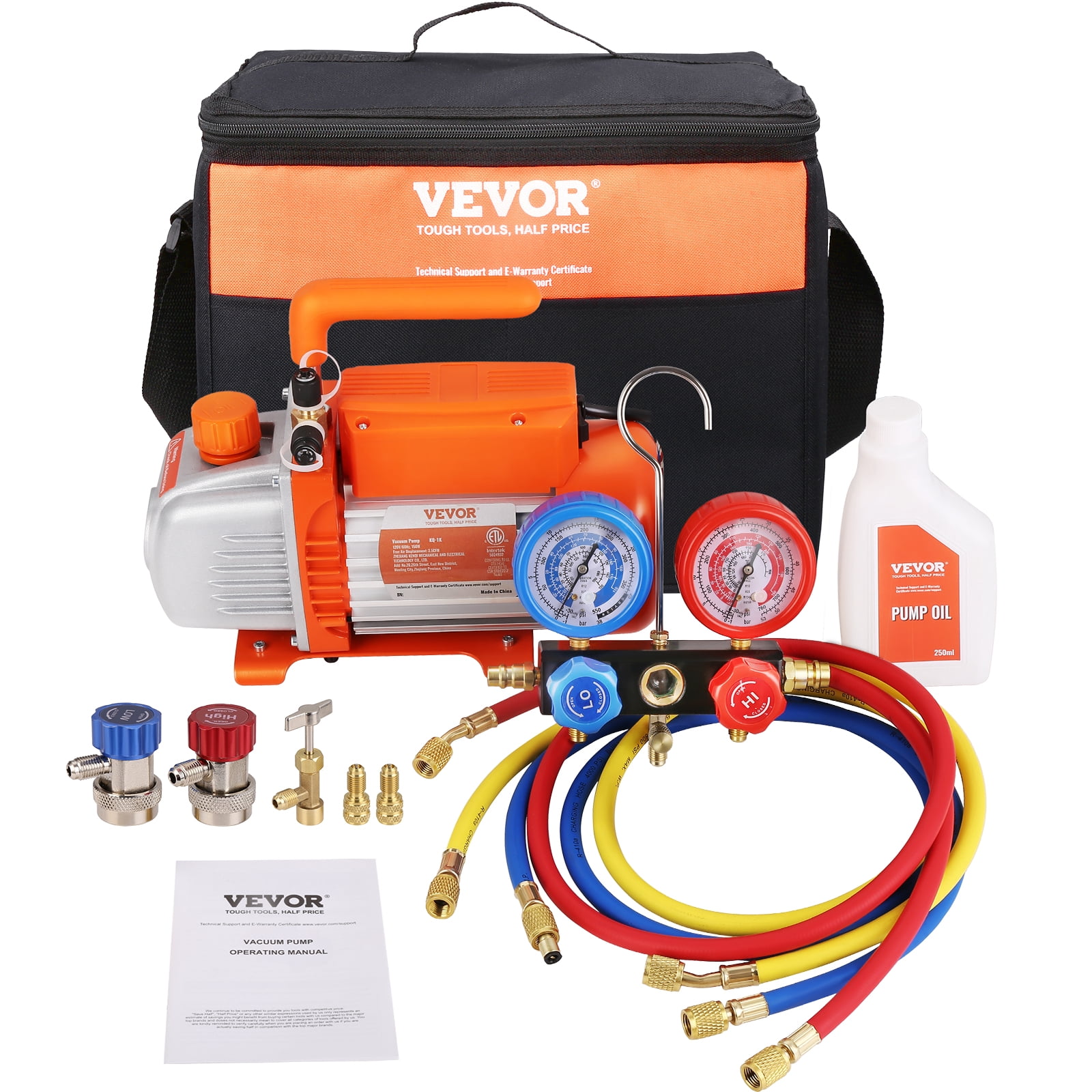 VEVOR 1/5 HP HVAC Vacuum Pump and Gauge Set 3.5 CFM Manifold Gauge Kit with Hose