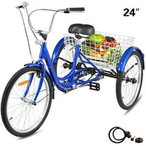 BENTISM 1-Speed 3 Wheel Adult Tricycle 24'' Blue Trike Bicycle Bike with Large Basket for Riding