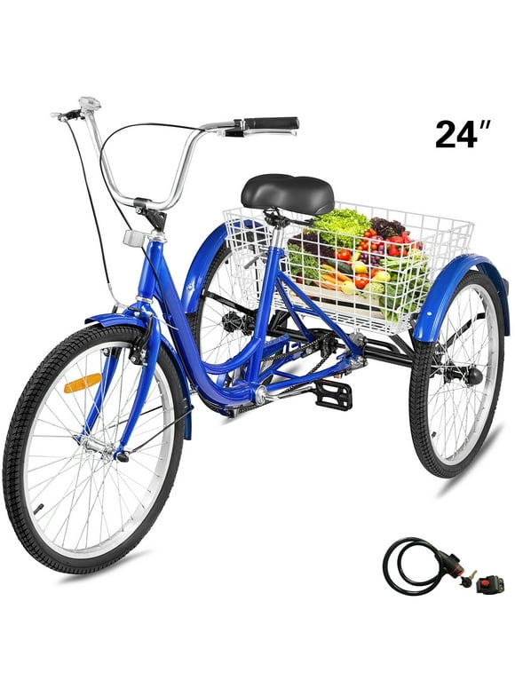 BENTISM 1-Speed 3 Wheel Adult Tricycle 24'' Blue Trike Bicycle Bike with Large Basket for Riding