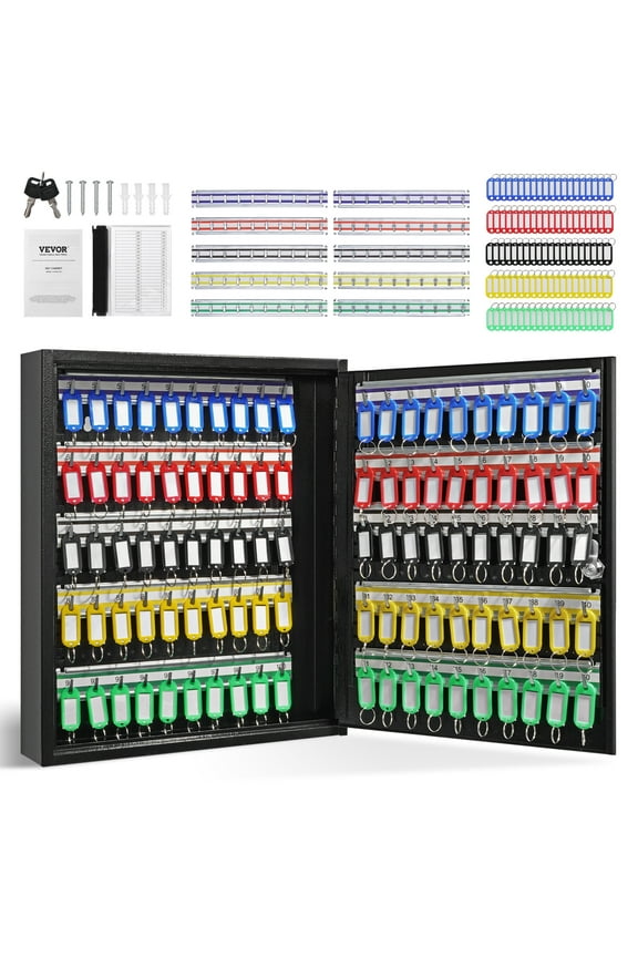 100-Key Cabinet Key Storage Safe Lock Box with Adjustable Racks & Colorful Key Tags Wall Mounted Key Storage Cabinet Black Key Box Organizer for Office, Hotel, Bank