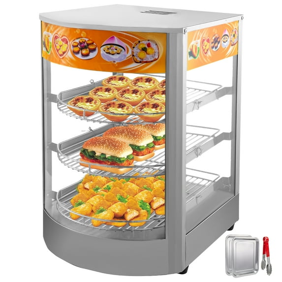 BENTISM 110V 14 inch Commercial Food Warmer Display 3-Tier 800W Electric Food Warmer Display 86-185 Tempered-Glass Door Pastry Display Case with 2 Trays & 1 Bread Tong for Restaurant Hamburger Pizza