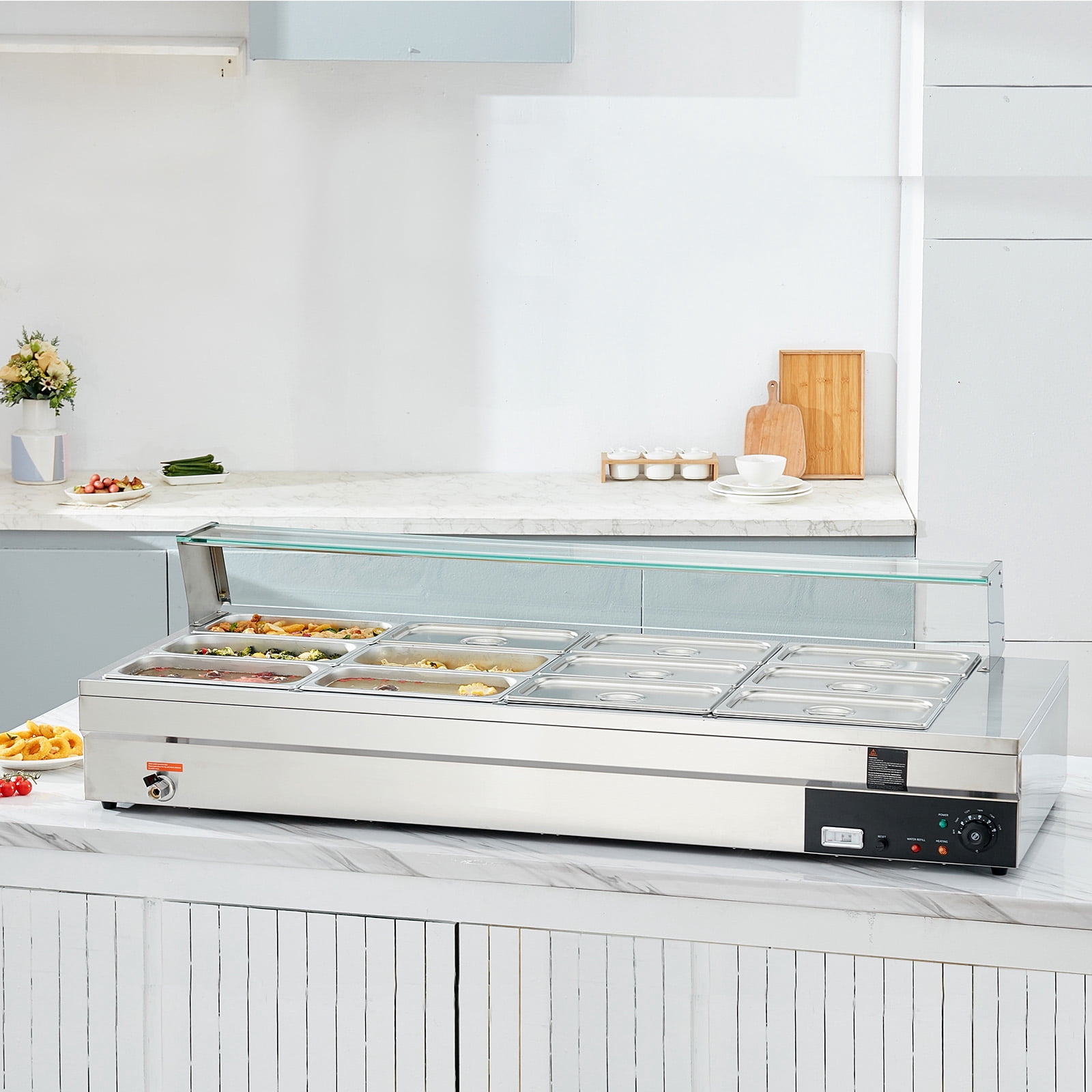 BENTISM 12*8Qt Commercial Food Warmer,Bain Marie Food Warmer with Glass Shield,Electric Countertop Food Warmer