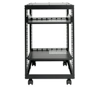 BENTISM 15U Open Frame Server Rack, 15-40 Adjustable Depth, Free Standing or Wall Mount Network Server Rack, 4 Post AV Rack with Casters Two Shelves