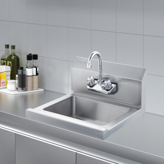 VEVOR 17"x12.8" Commercial Stainless Steel Hand Washing Sink with Faucet,Wall Mount Hand Basin, Utility Sink for Restaurant, Kitchen, Bar, Garage and Home