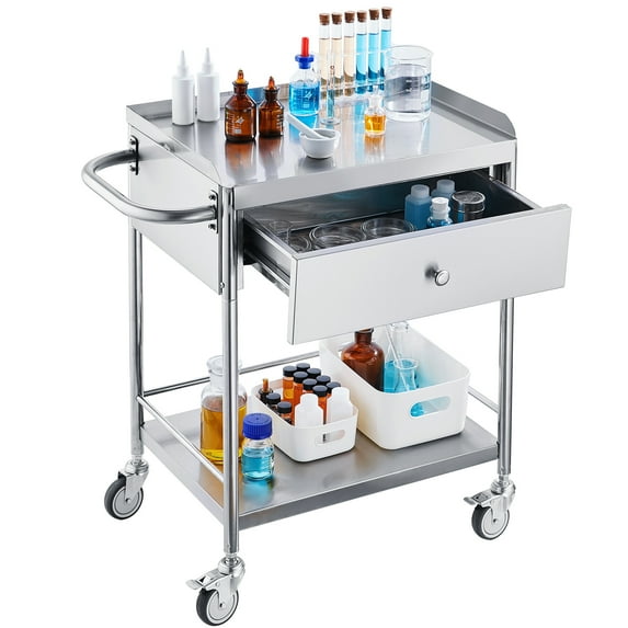 VEVOR 2-Tier Lab Cart Stainless Steel Cart Utility Rolling Cart Mobile Lab Utility Cart with A Drawer & 3 Shelves 220 lbs Catering Dental Utility Cart Dolly Restaurant 28.0'' x 16.6'' x 30.9''