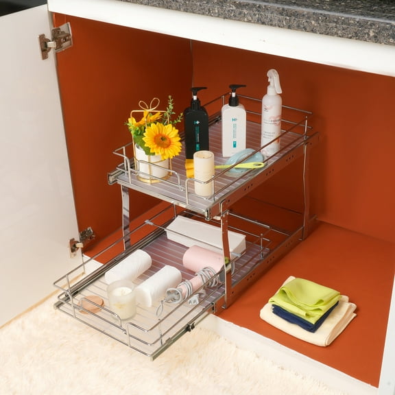BENTISM 2 Tier Pull Out Under Sink Organizer 13x21 inch Drawer Cabinet Storage Wire Basket Cabinet Metal Shelf Organizer