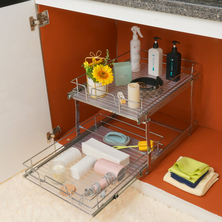 Under Sink Organizer 2 Tier, L Shaped Sliding Cabinet Basket Organizer,  Slide Out Under Cabinet Storage, Multi-Purpose Pull Out Cabinet Organizer  For