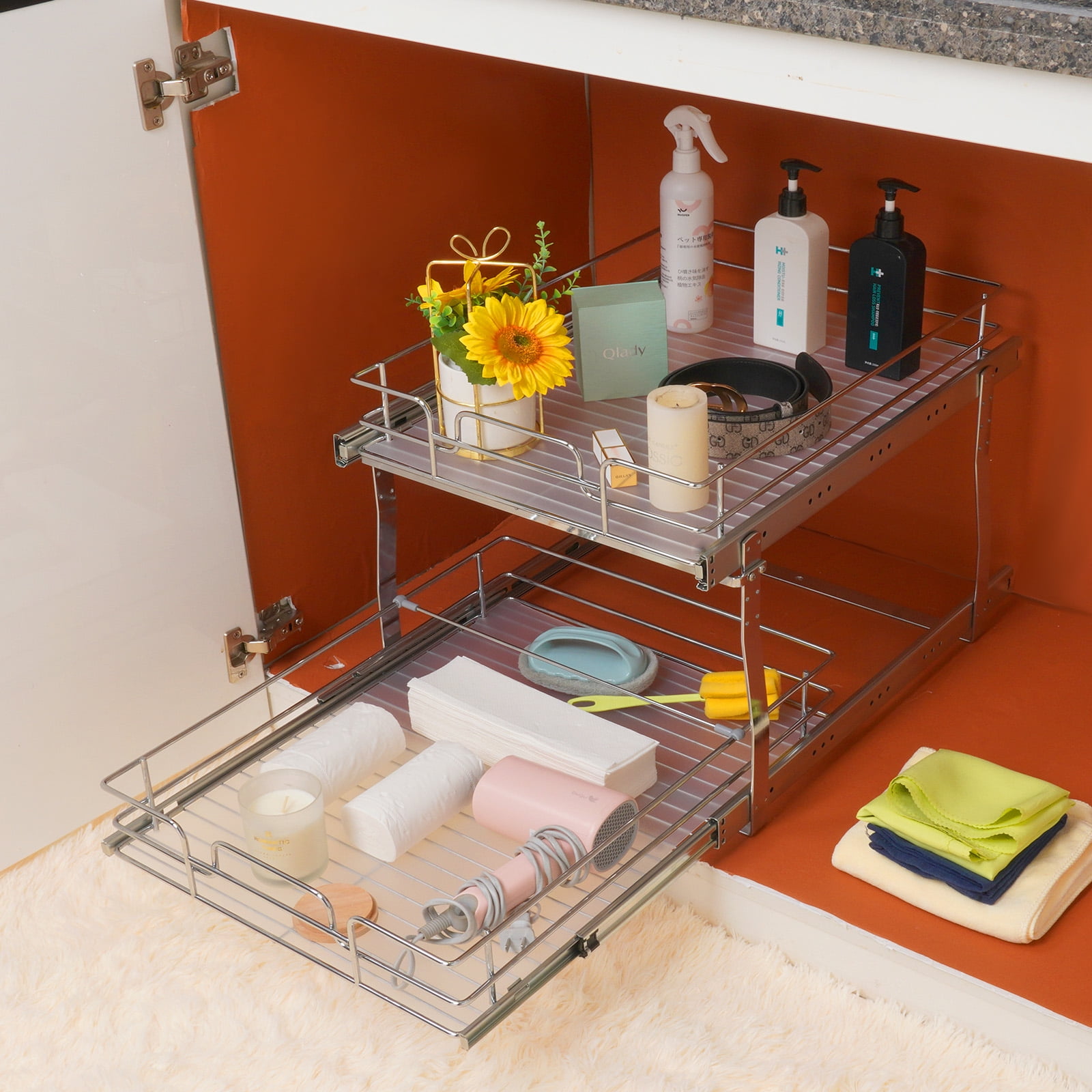 Bentism 2-Tier Wire Pull Out Cabinet Under Sink Organizer 18x20 inch Drawer Basket, Size: 18.7 x 21, Silver