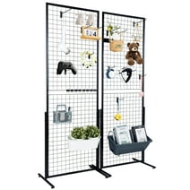 BENTISM 2' x 5.6' Grid Wall Panels Tower, 2 Packs Wire Gridwall Display Racks with T-Base Floorstanding, Double Side Gridwall Panels for Art Craft Shows, Retail Display with Extra Clips and Hooks
