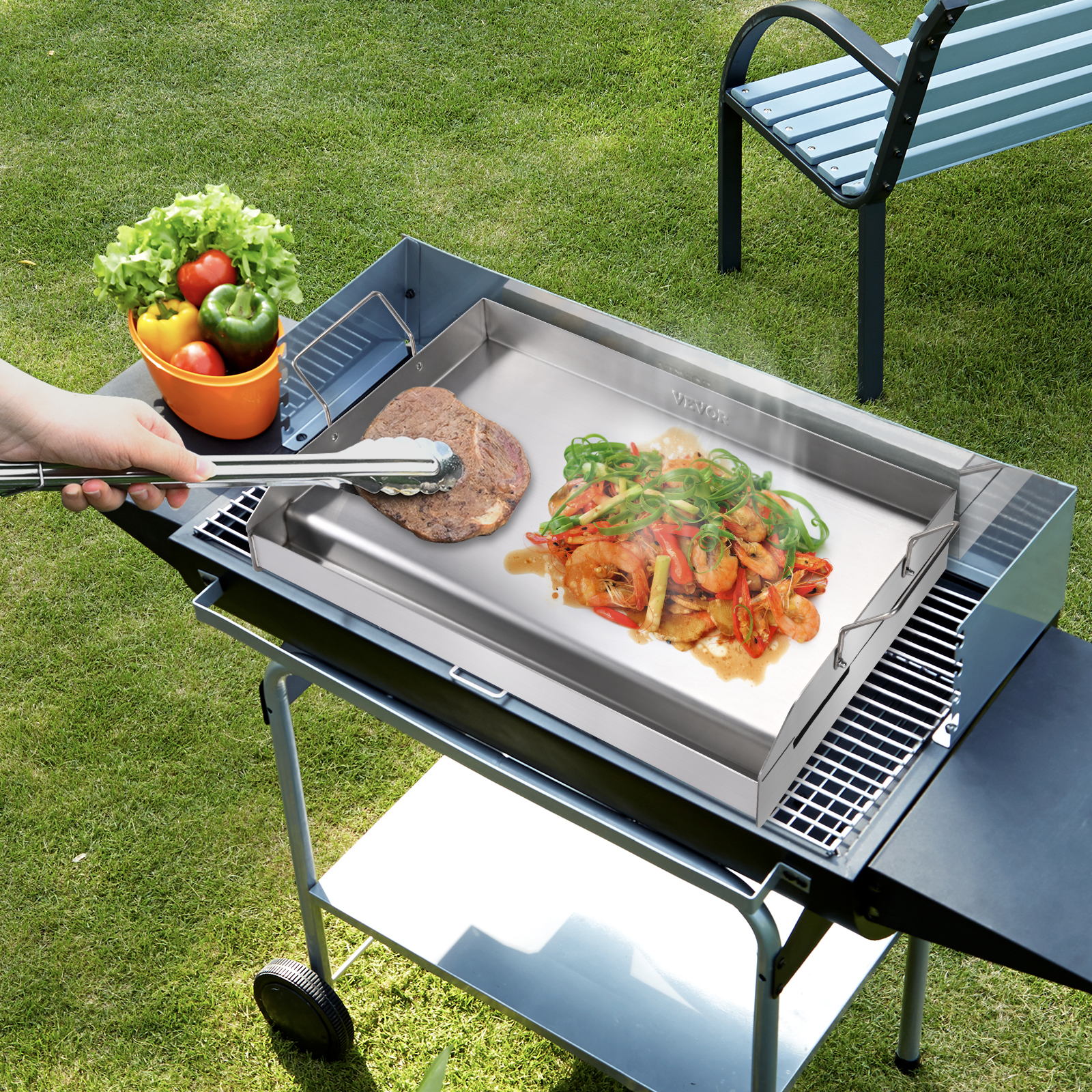 BENTISM Outdoor 23.5 x16 Pre Seasoned Stainless Steel Flat Top Griddle BBQ Gas Grill with 2 Burners Silver Walmart